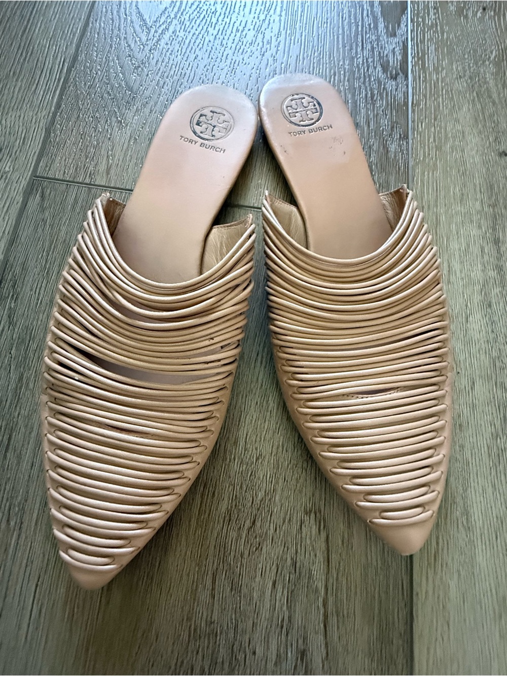 Tory Burch Beige Nude Woven Pointed Slide Mules